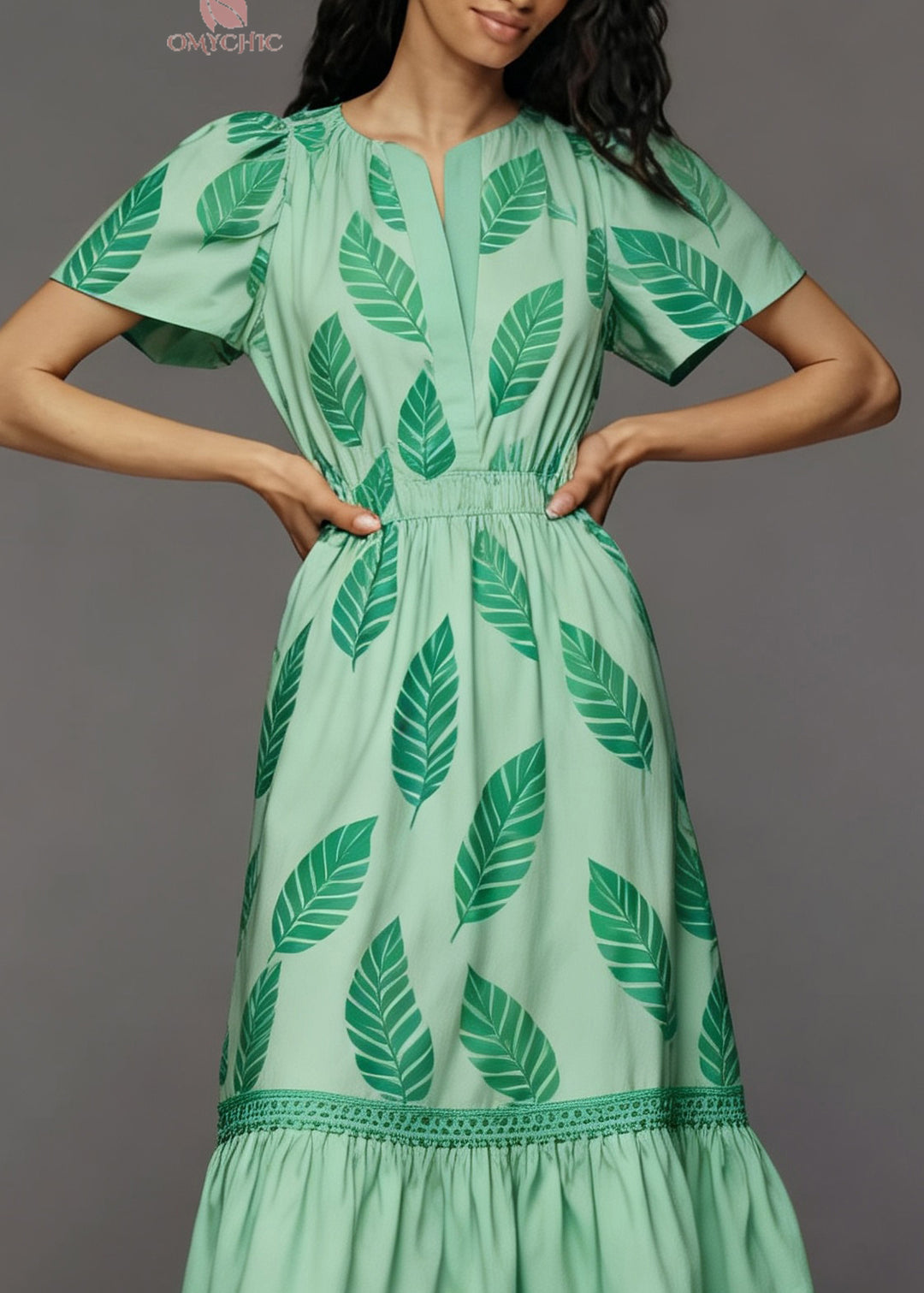 Women Green Print Tasseled Patchwork Cotton Dress Summer
