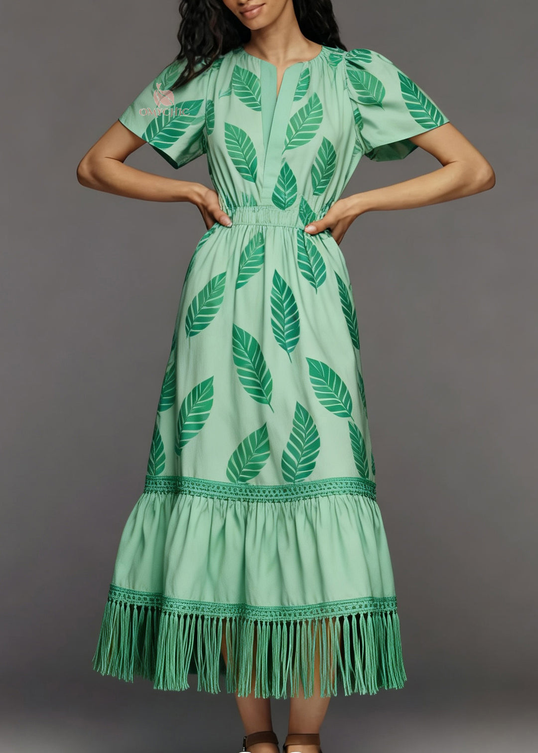 Women Green Print Tasseled Patchwork Cotton Dress Summer