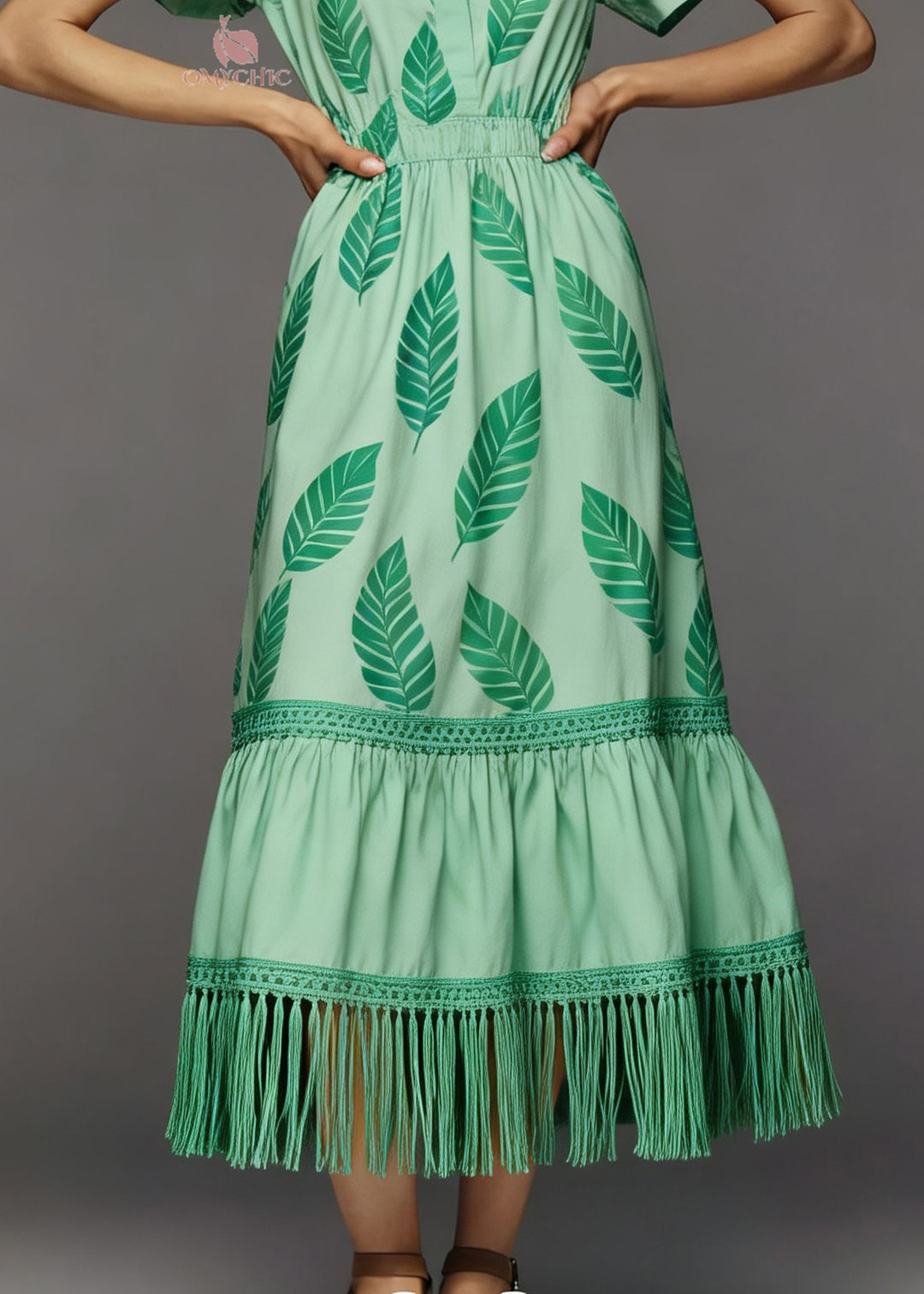 Women Green Print Tasseled Patchwork Cotton Dress Summer