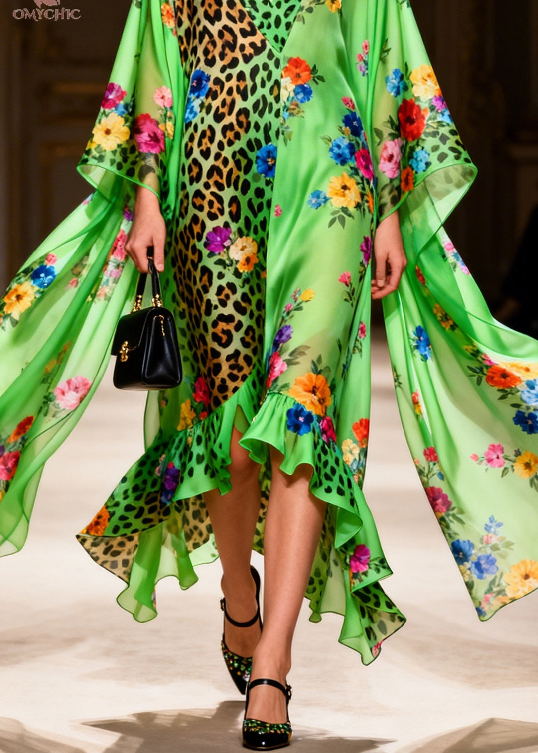 Women Green Ruffled Asymmetrical Design Print Patchwork Silk Dresses Summer