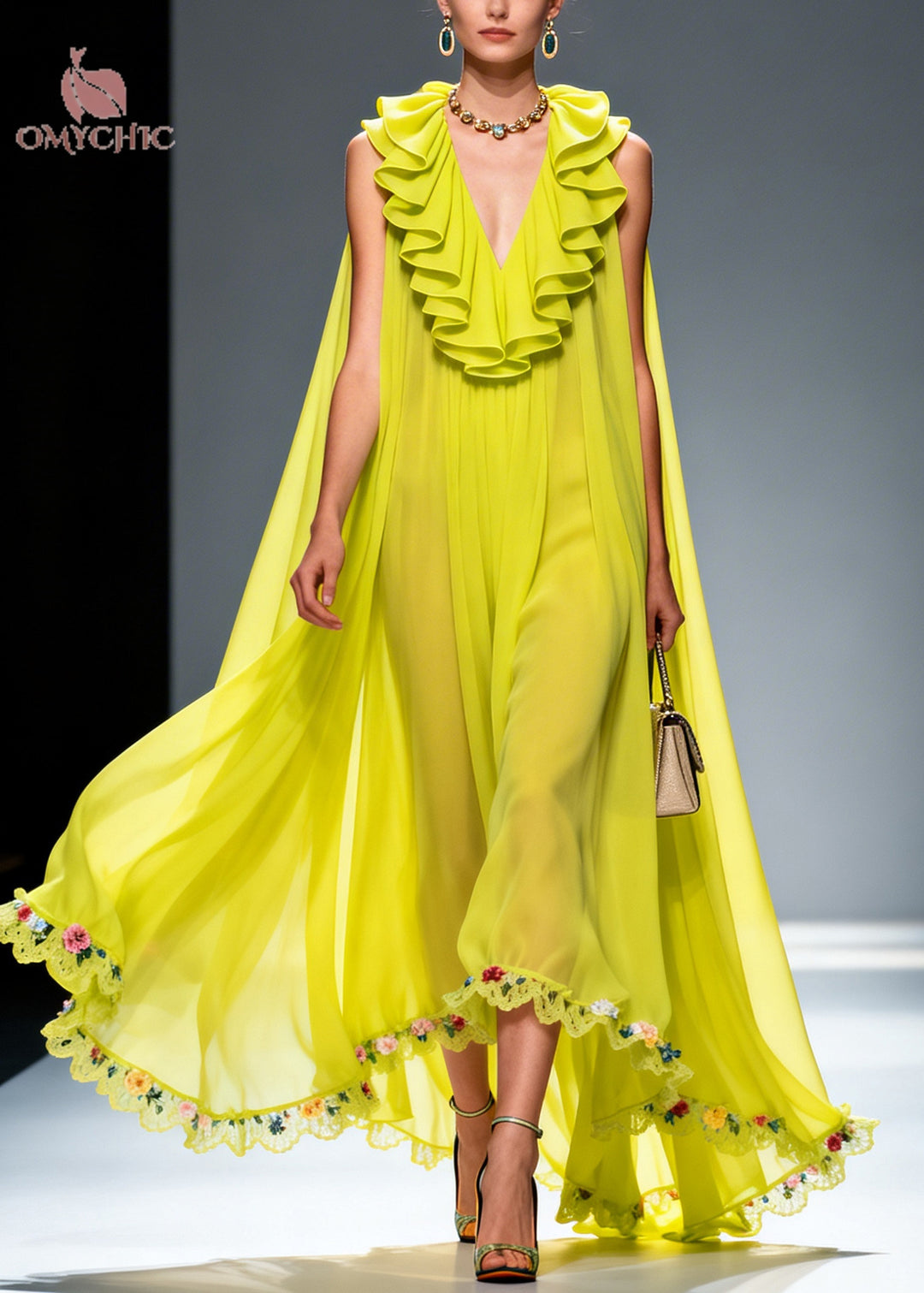 Women Green Ruffled Exra Large Hem Flower Chiffon Robe Dresses Summer