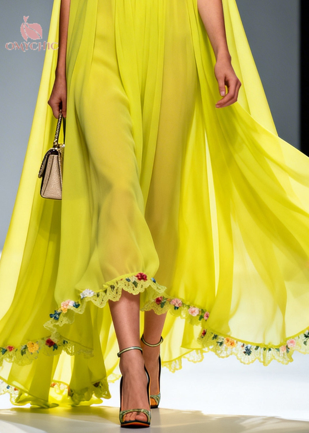Women Green Ruffled Exra Large Hem Flower Chiffon Robe Dresses Summer