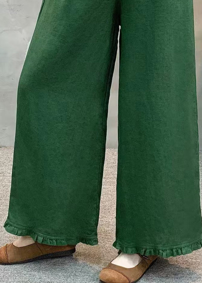 Women Green Ruffled Linen Wide Leg Pants Summer