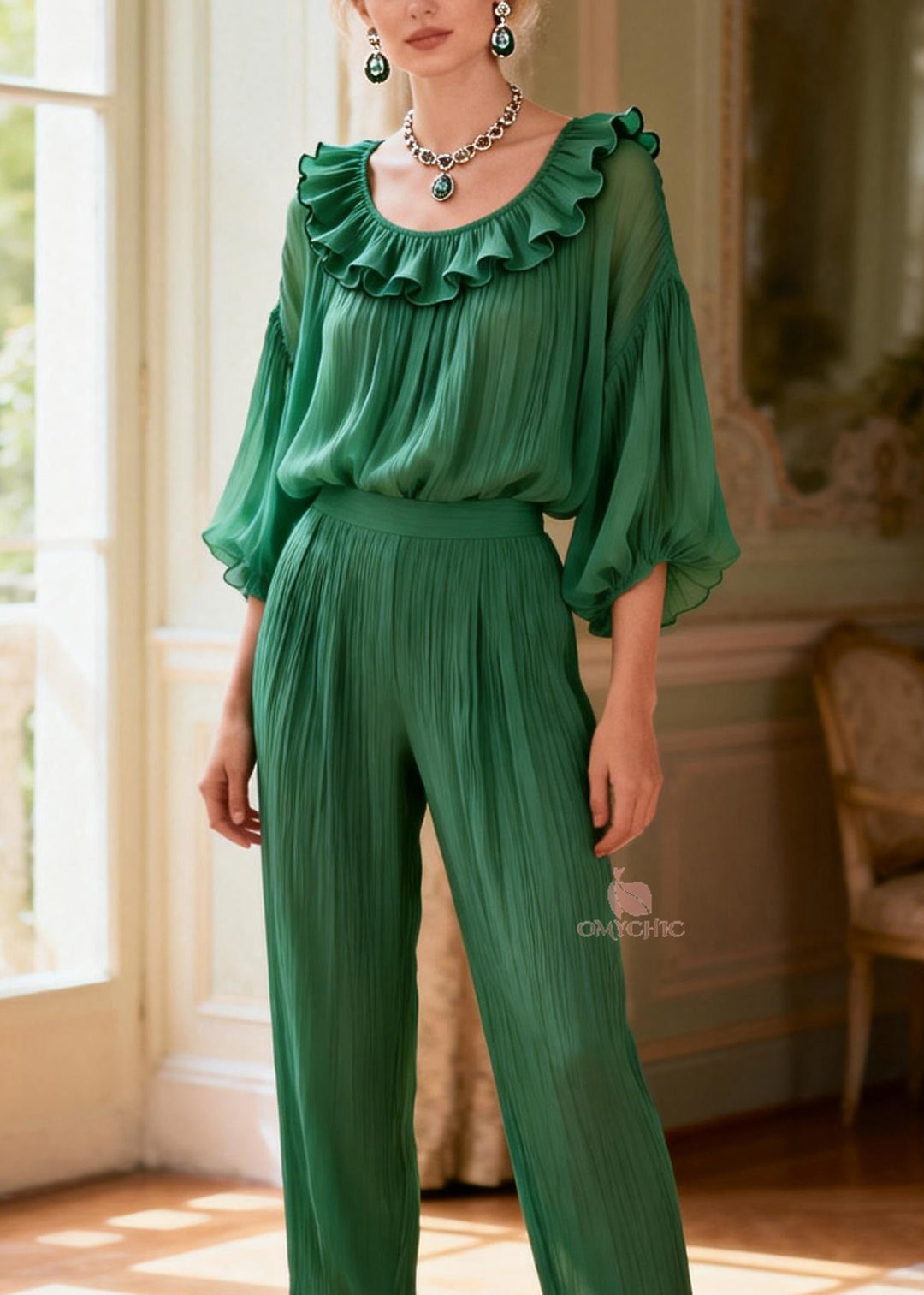 Women Green Ruffled Patchwork Silk Two Pieces Set Summer