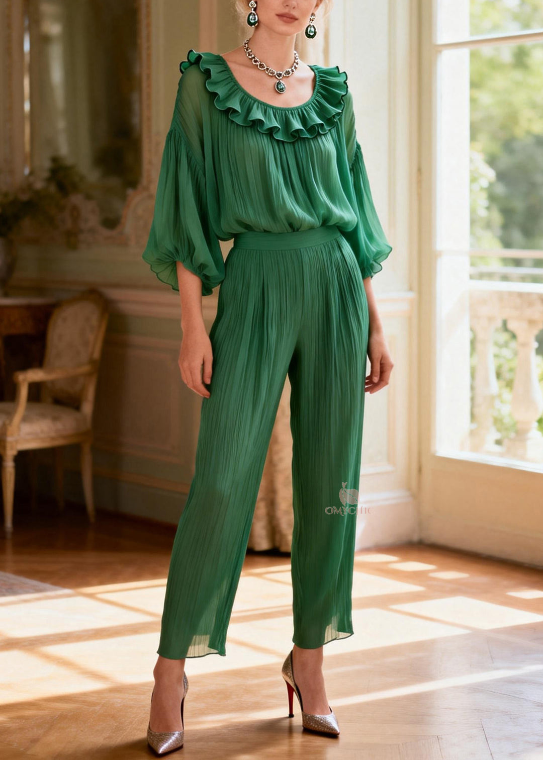 Women Green Ruffled Patchwork Silk Two Pieces Set Summer