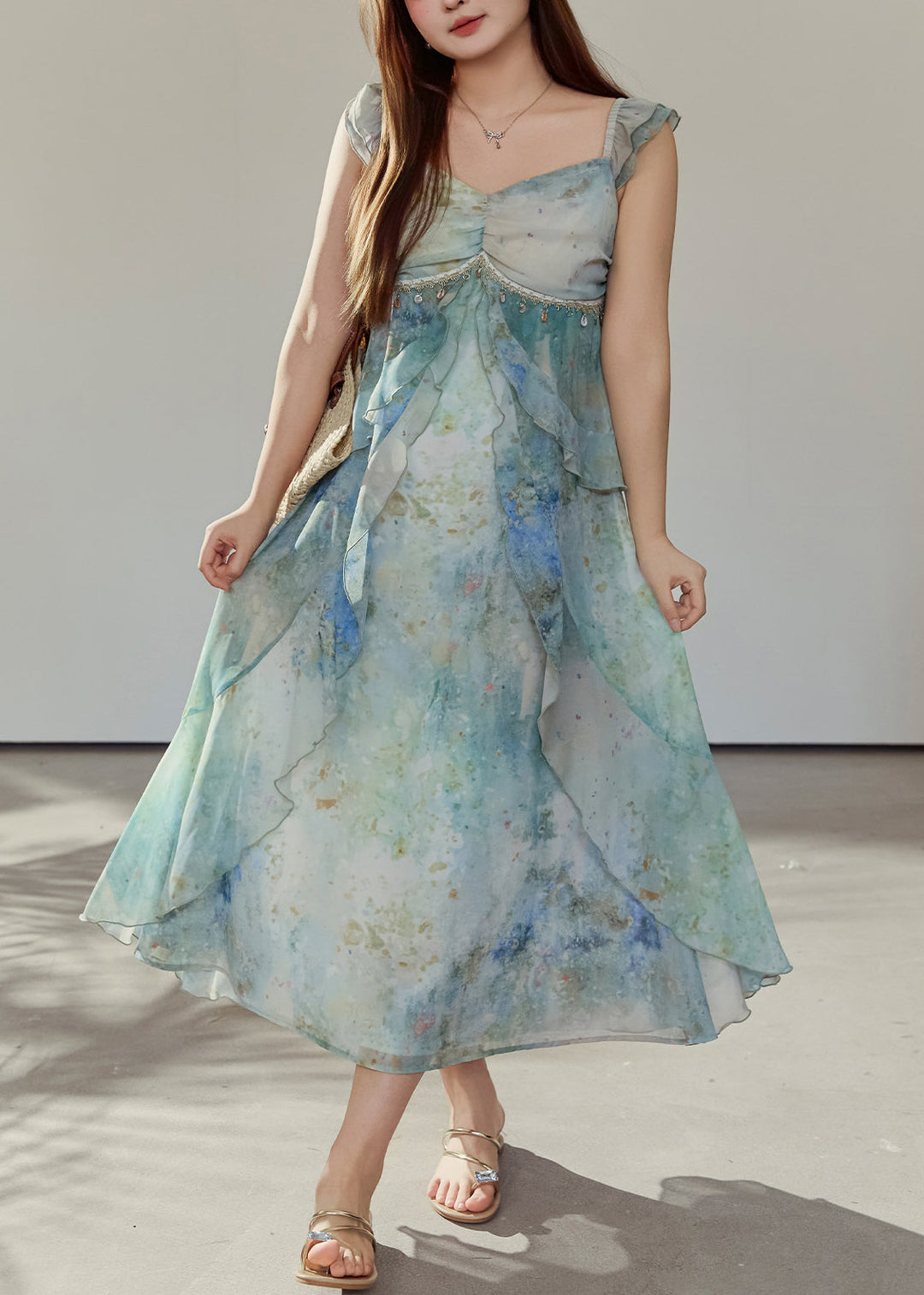 Women Green Ruffled Print Chiffon Vacation Dresses Summer