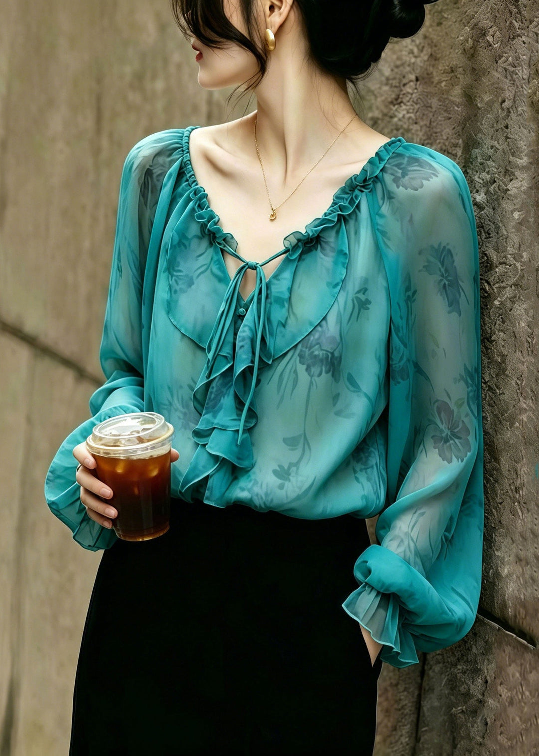 Women Green Ruffled Print Drawstring Chiffon Blouses Summer