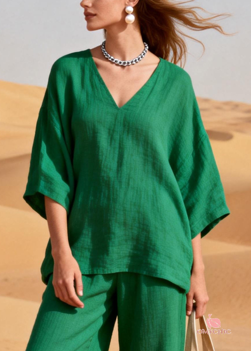 Women Green Sequins Patchwork Tops And Crop Pants Linen Two Pieces Set Half Sleeve
