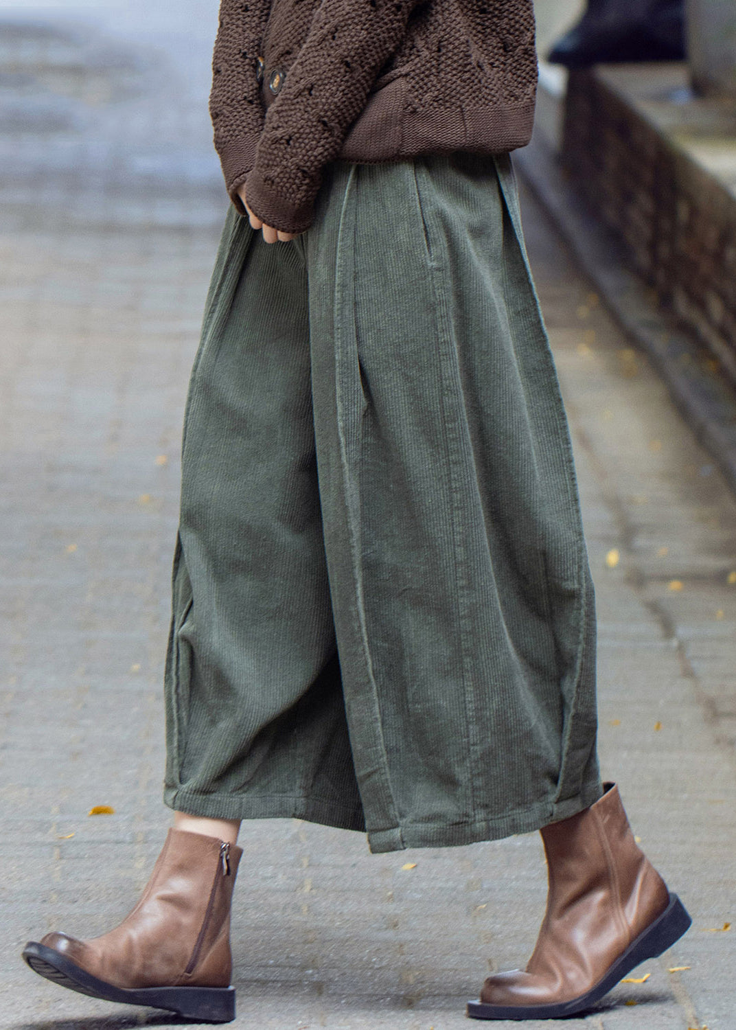 Women Green Solid High Waist Corduroy Wide Leg Pants Spring