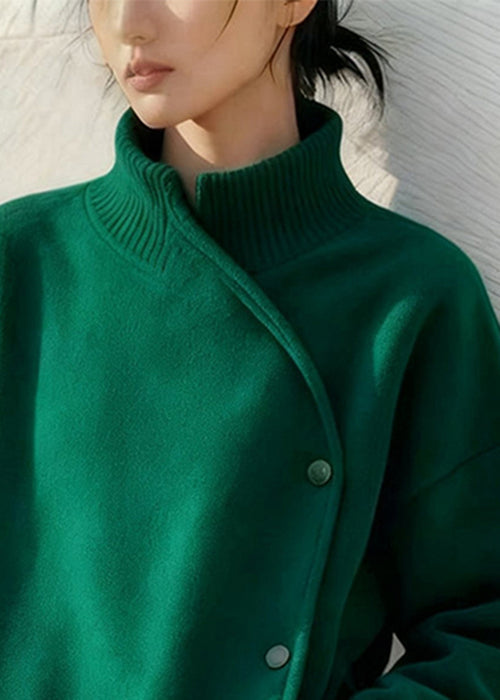 Women Green Stand Collar Button Pockets Cotton Sweatshirt Winter