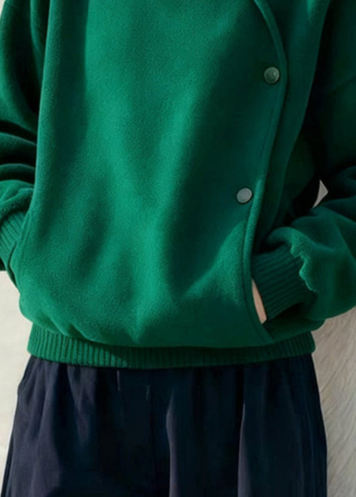 Women Green Stand Collar Button Pockets Cotton Sweatshirt Winter