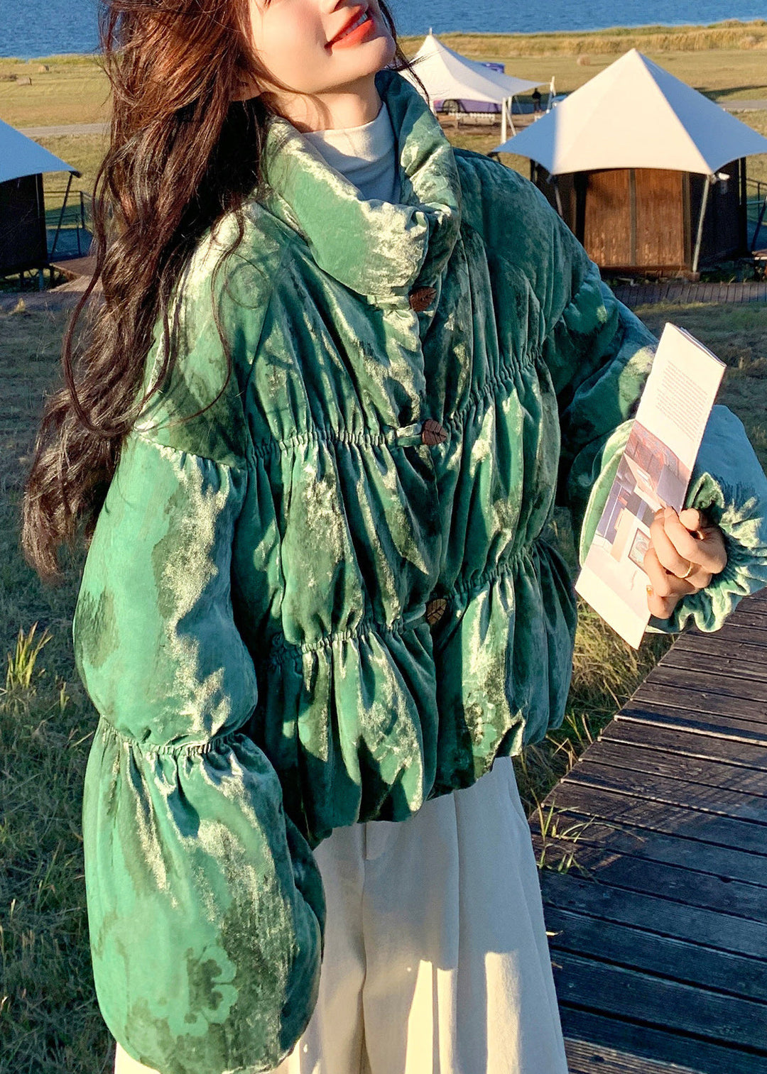 Women Green Stand Collar Velvet Duck Down Puffers Jackets Winter