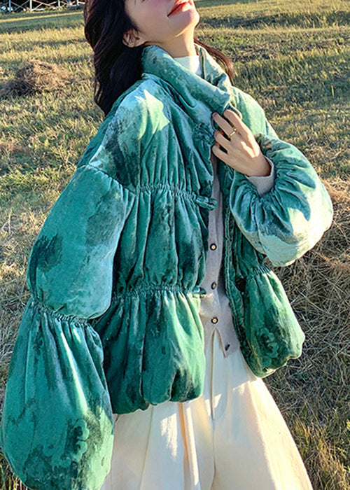 Women Green Stand Collar Velvet Duck Down Puffers Jackets Winter