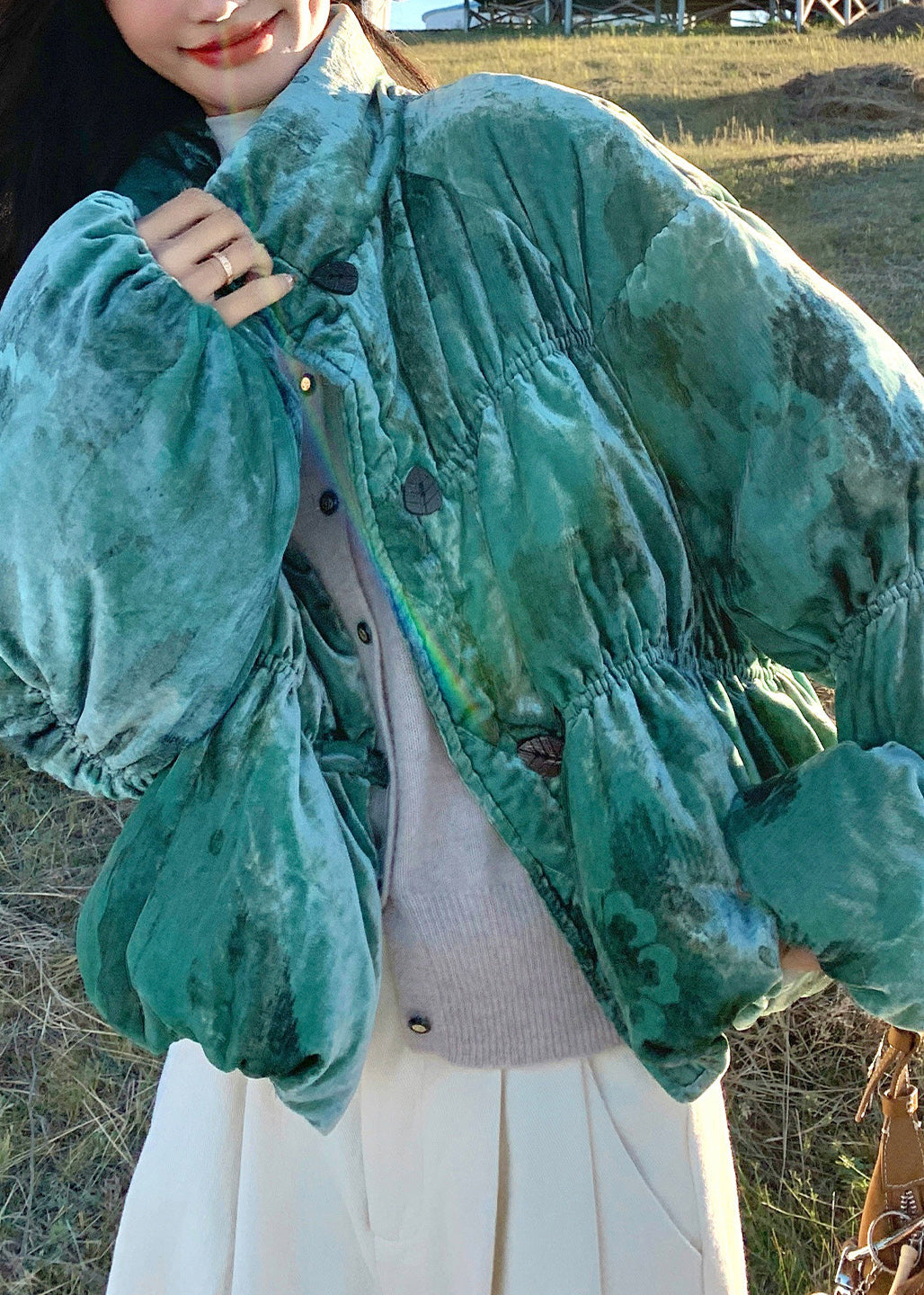 Women Green Stand Collar Velvet Duck Down Puffers Jackets Winter