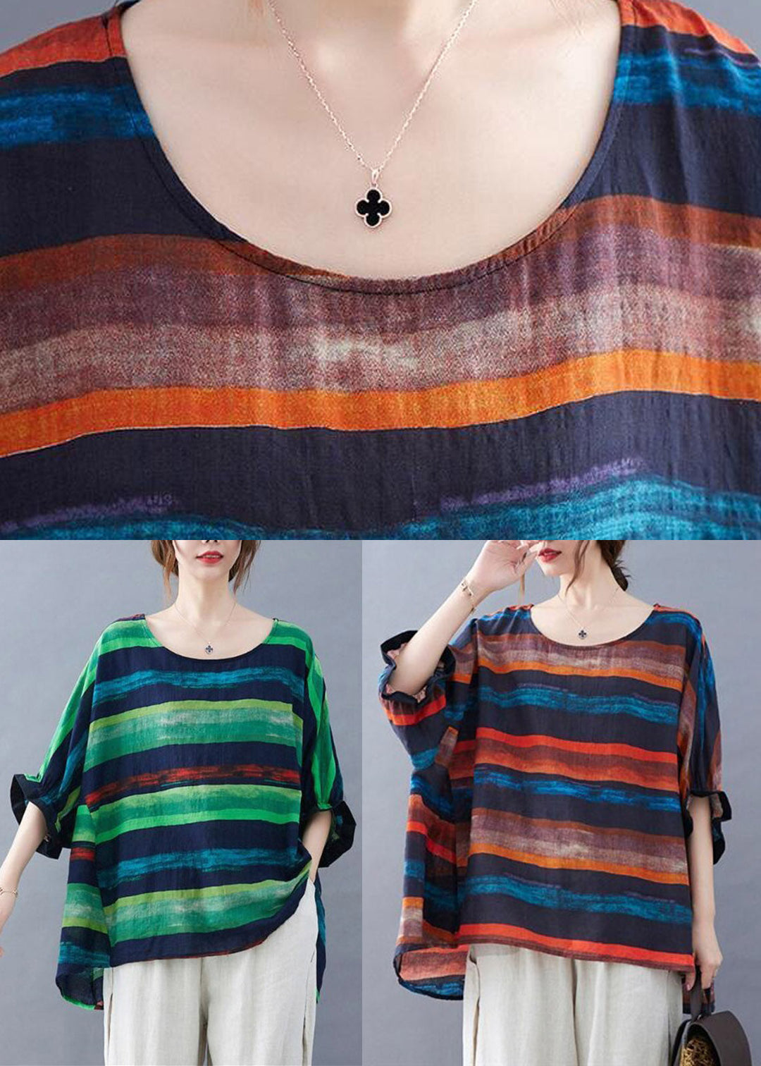Women Green Striped Low High Design Top Summer