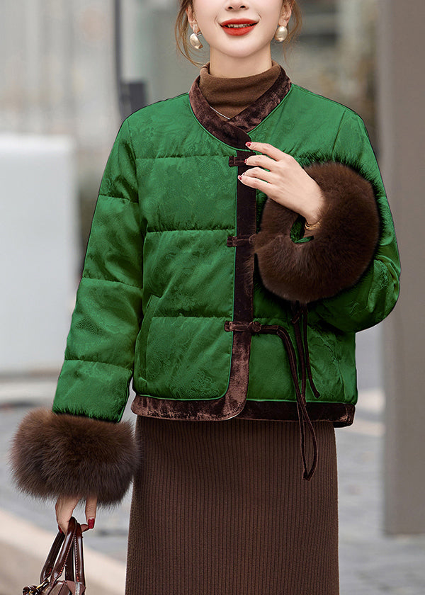 Women Green Tasseled Patchwork Duck Down Oriental Coats Winter