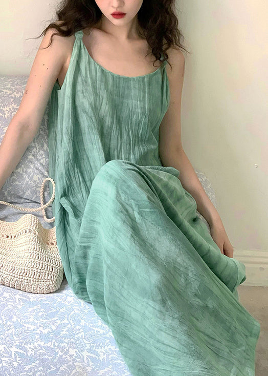 Women Green U Neck Wrinkled Linen Long Dress Sleeveless