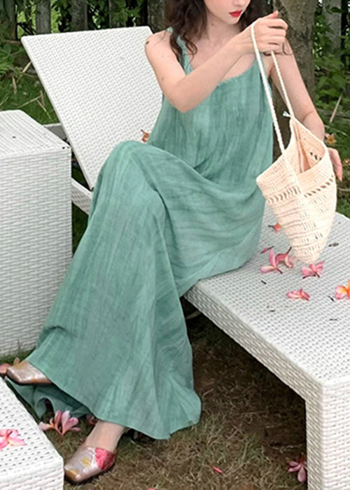 Women Green U Neck Wrinkled Linen Long Dress Sleeveless