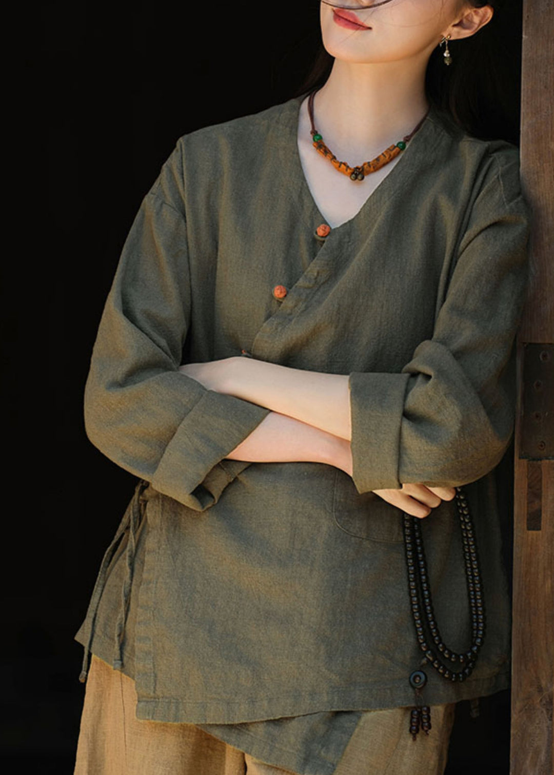 Women Green V Neck Button Lace Up Cotton Shirts Fall