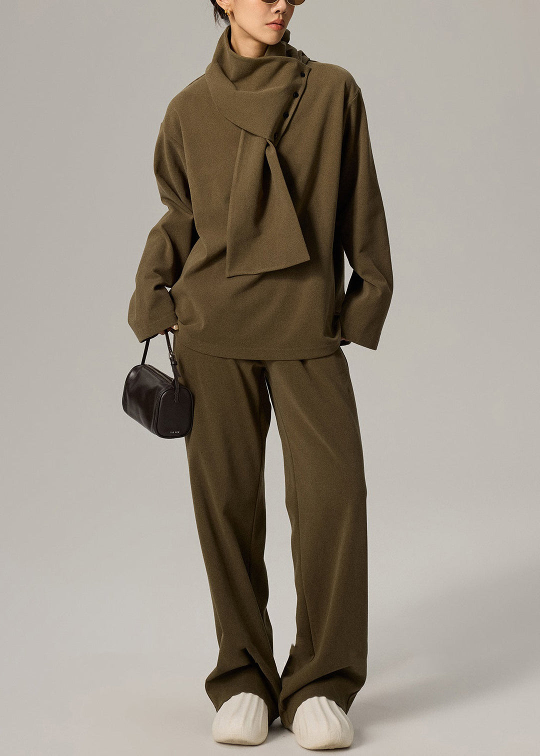 Women Green V Neck Elastic Waist Cotton Three Pieces Set Fall