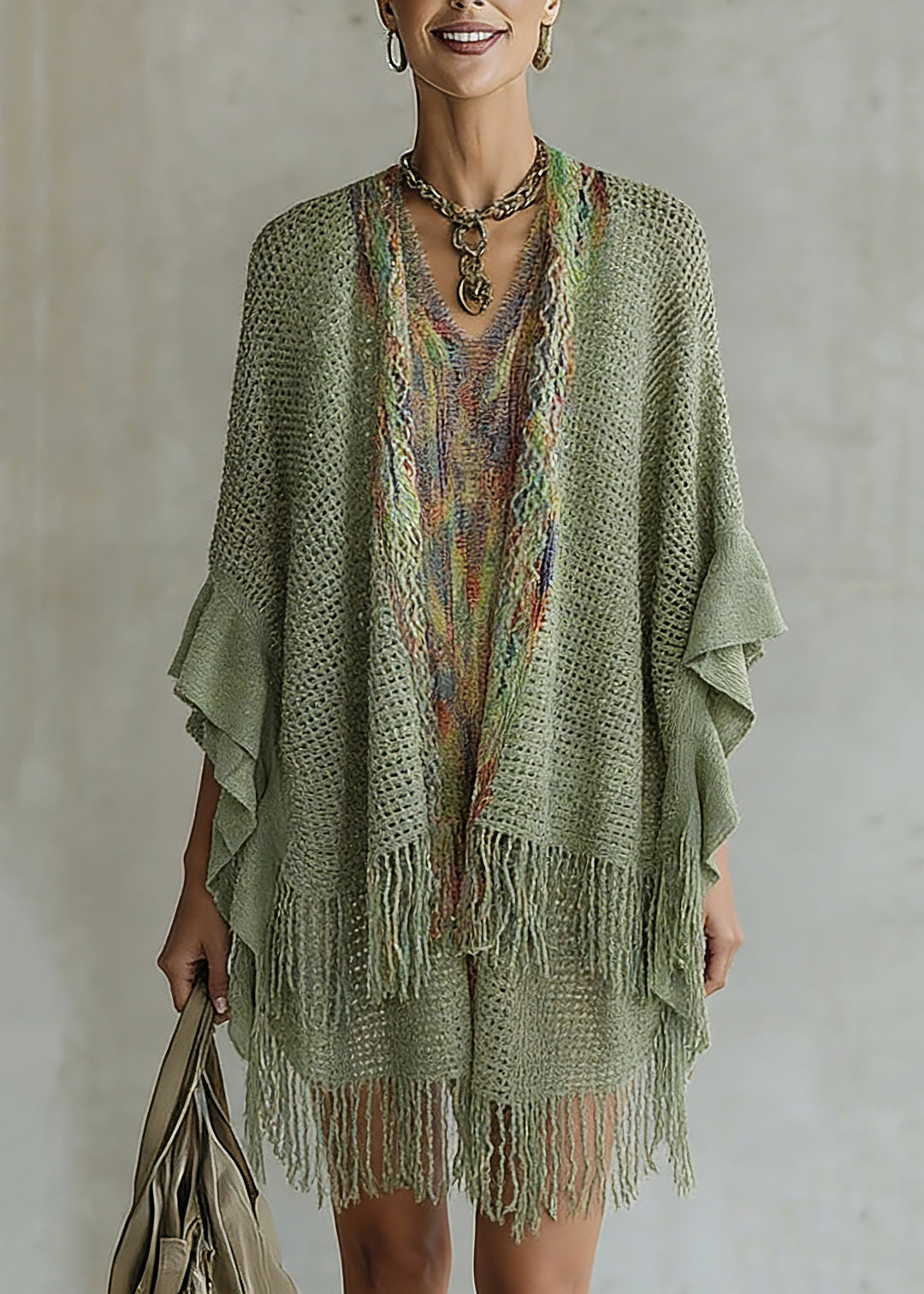 Women Green V Neck Knit Cardigan Batwing Sleeve - Omychic