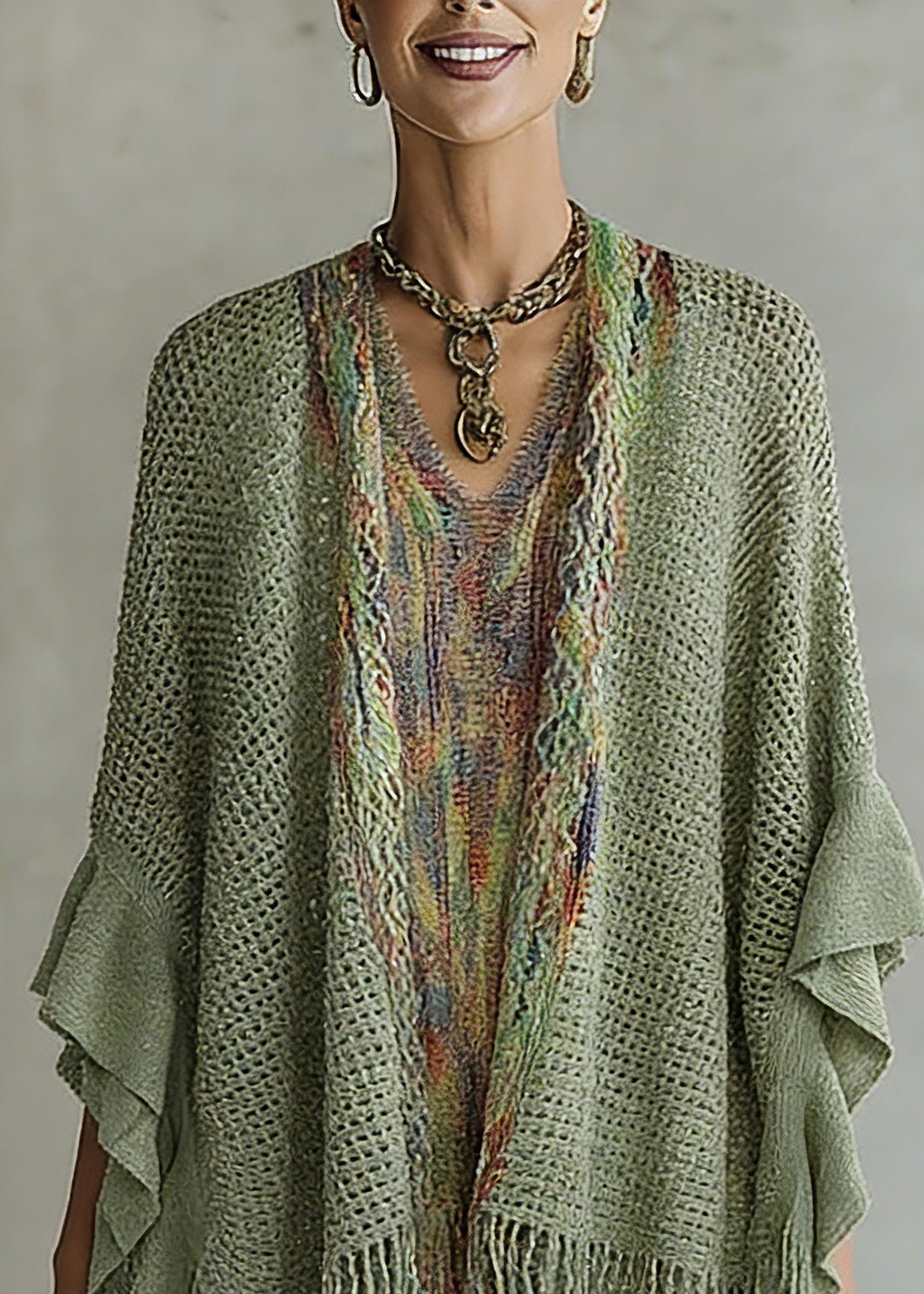 Women Green V Neck Knit Cardigan Batwing Sleeve - Omychic