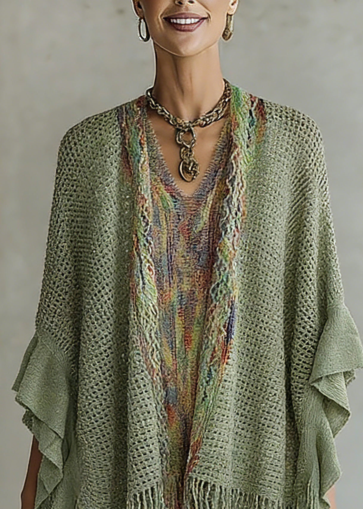 Women Green V Neck Knit Cardigan Batwing Sleeve - Omychic