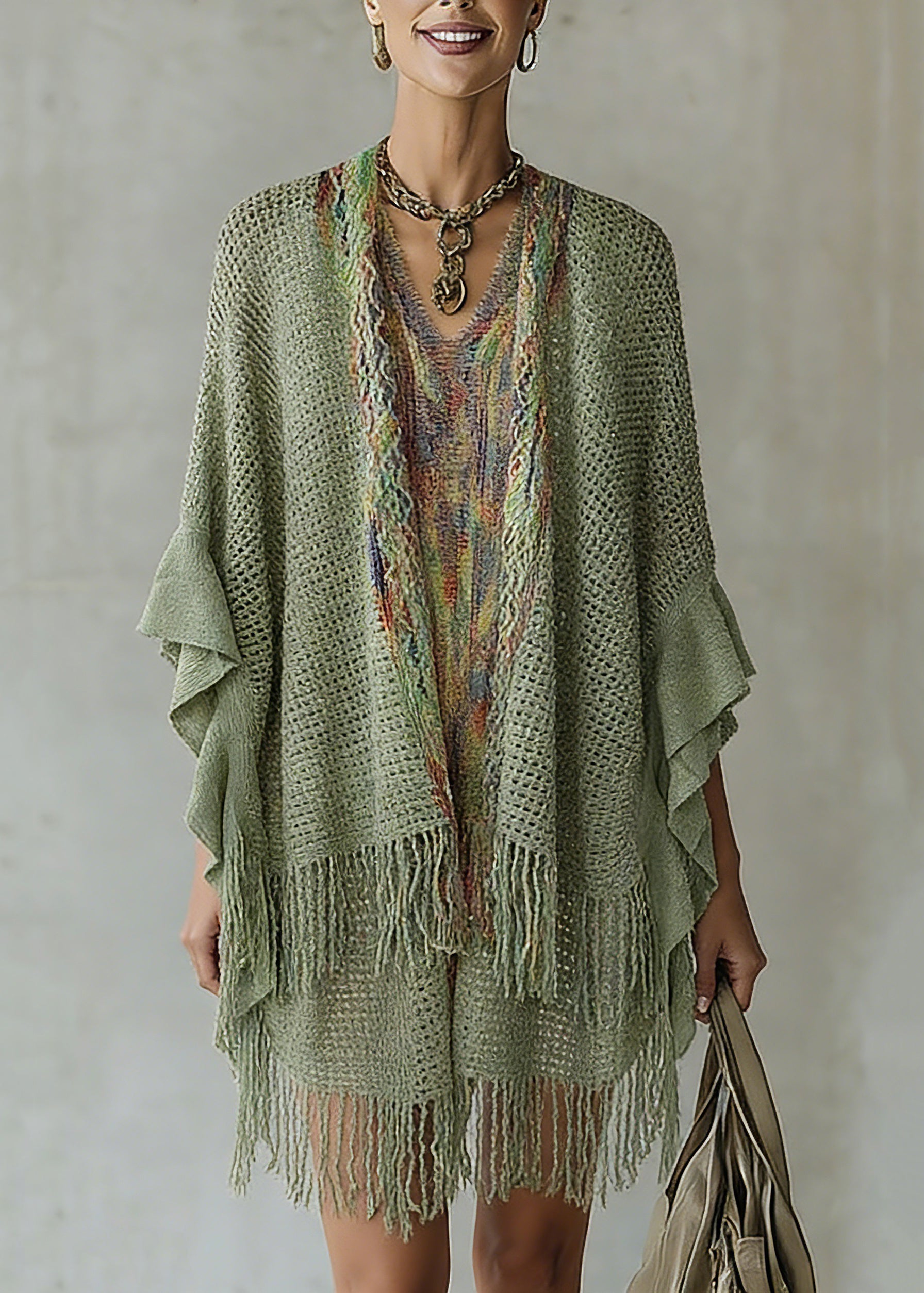 Women Green V Neck Knit Cardigan Batwing Sleeve - Omychic