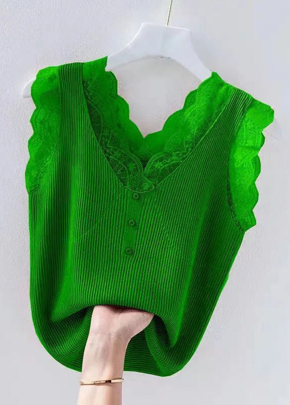 Women Green V Neck Lace Knit Tank Sleeveless