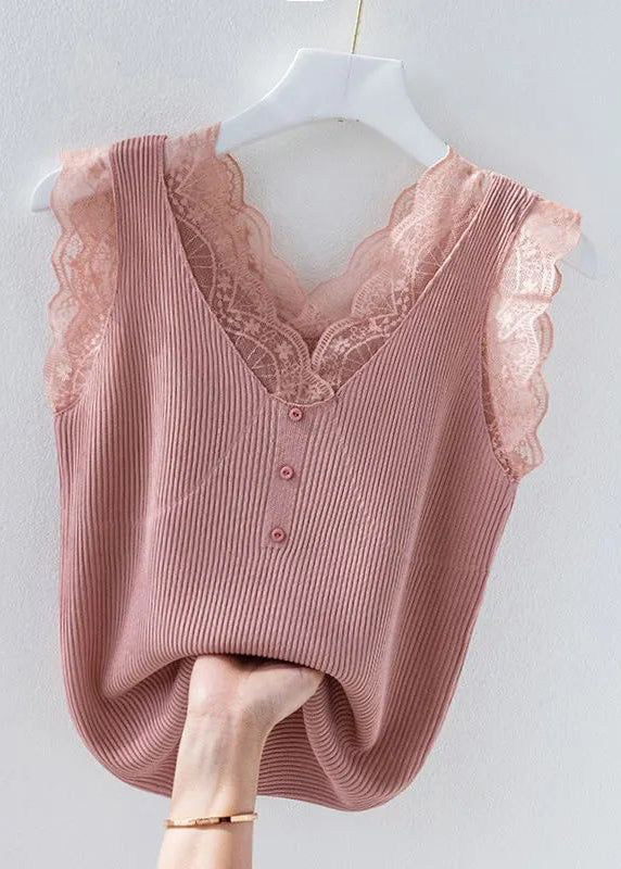 Women Green V Neck Lace Knit Tank Sleeveless