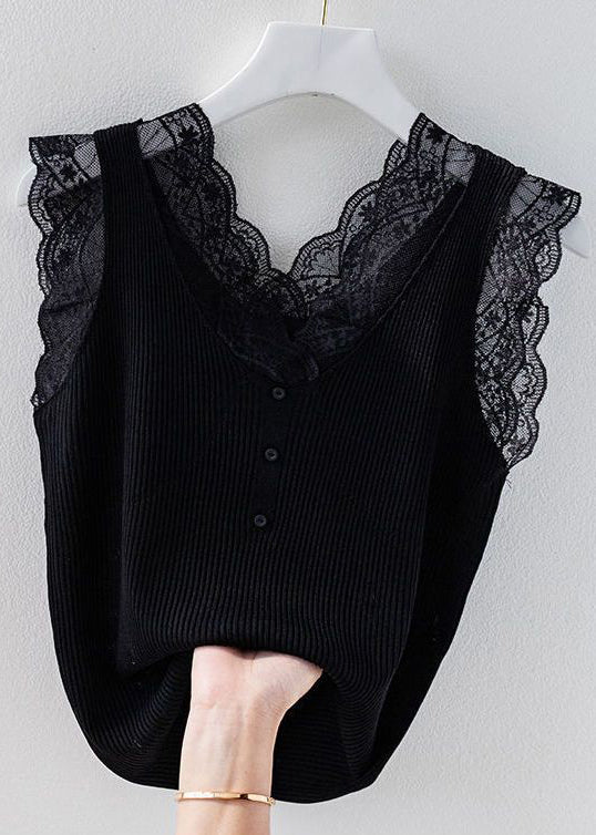 Women Green V Neck Lace Knit Tank Sleeveless