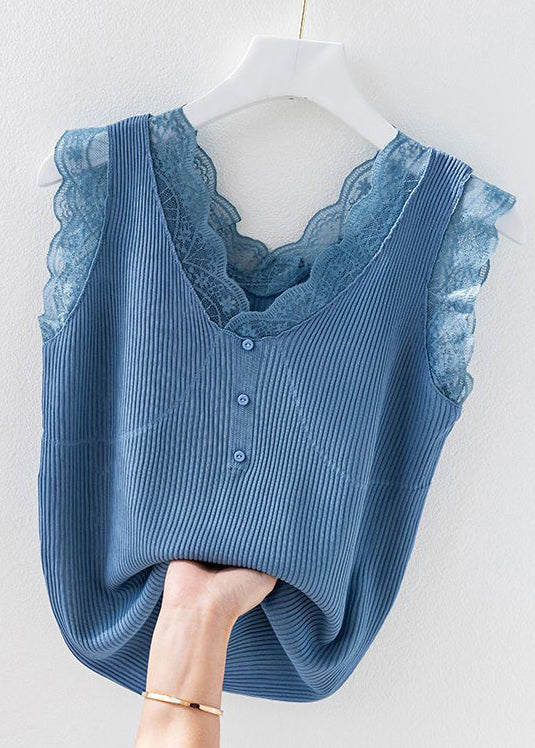 Women Green V Neck Lace Knit Tank Sleeveless