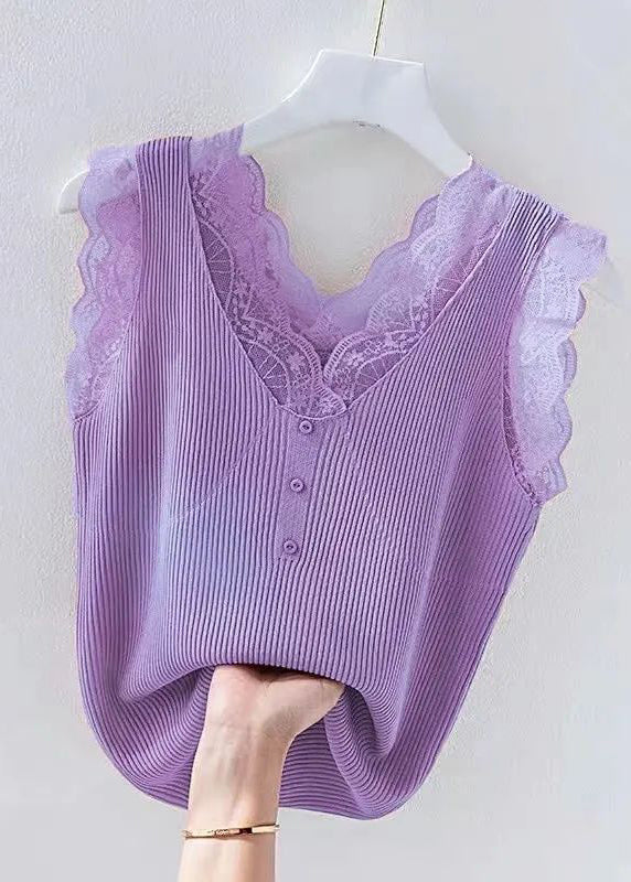 Women Green V Neck Lace Knit Tank Sleeveless