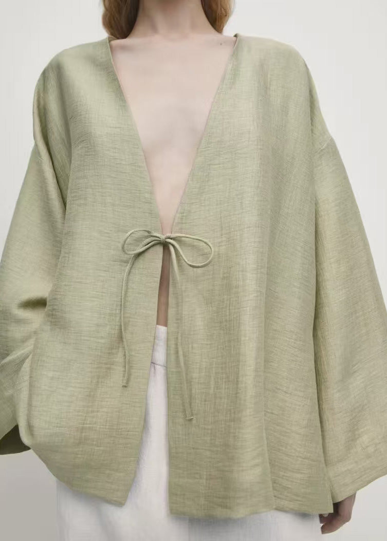 Women Green V Neck Lace Up Cotton Shirt Tops Fall