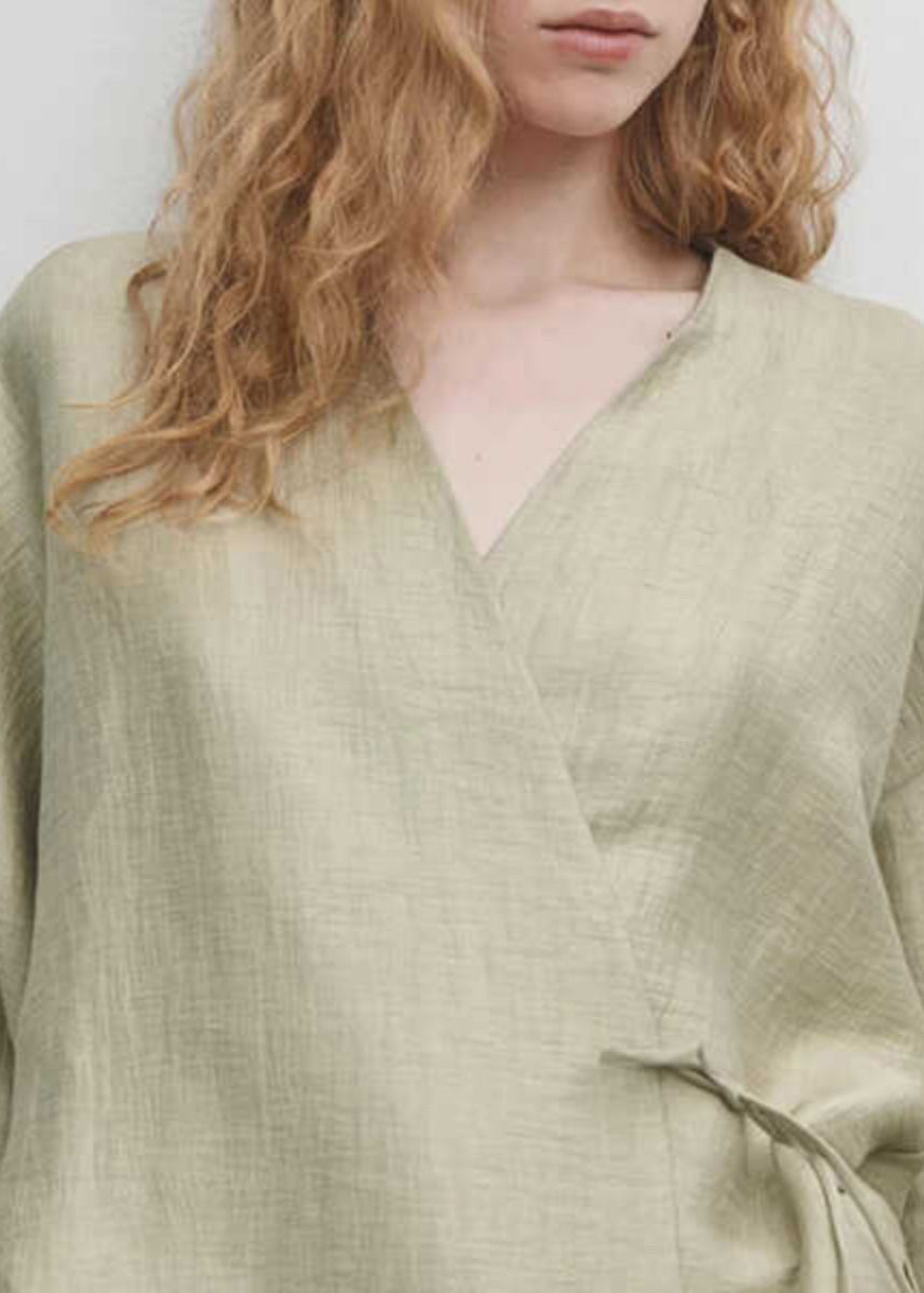Women Green V Neck Lace Up Cotton Shirt Tops Fall