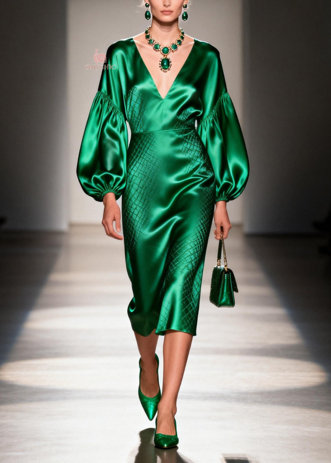 Women Green V Neck Patchwork Silk Dress Lantern Sleeve