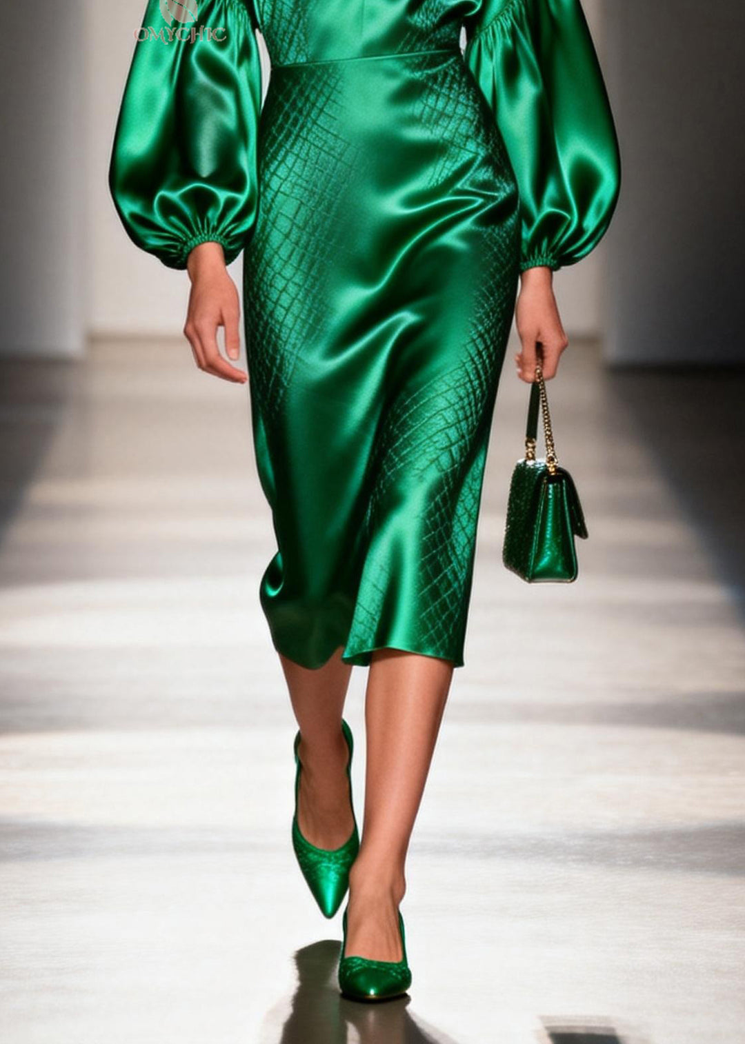 Women Green V Neck Patchwork Silk Dress Lantern Sleeve