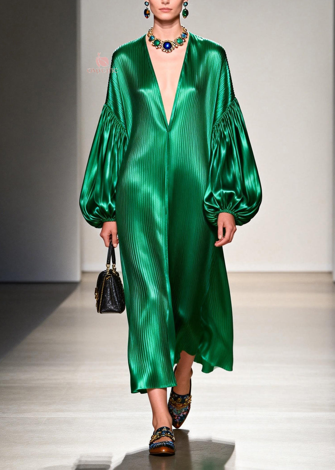 Women Green V Neck Patchwork Silk Long Dresses Lantern Sleeve