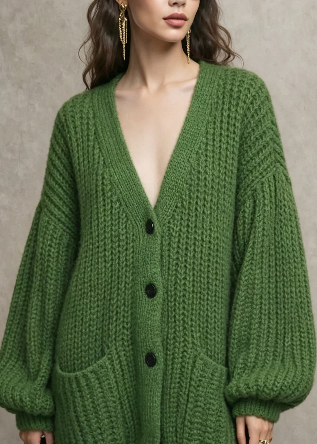 Women Green V Neck Pockets Button Knit Cardigans Fall