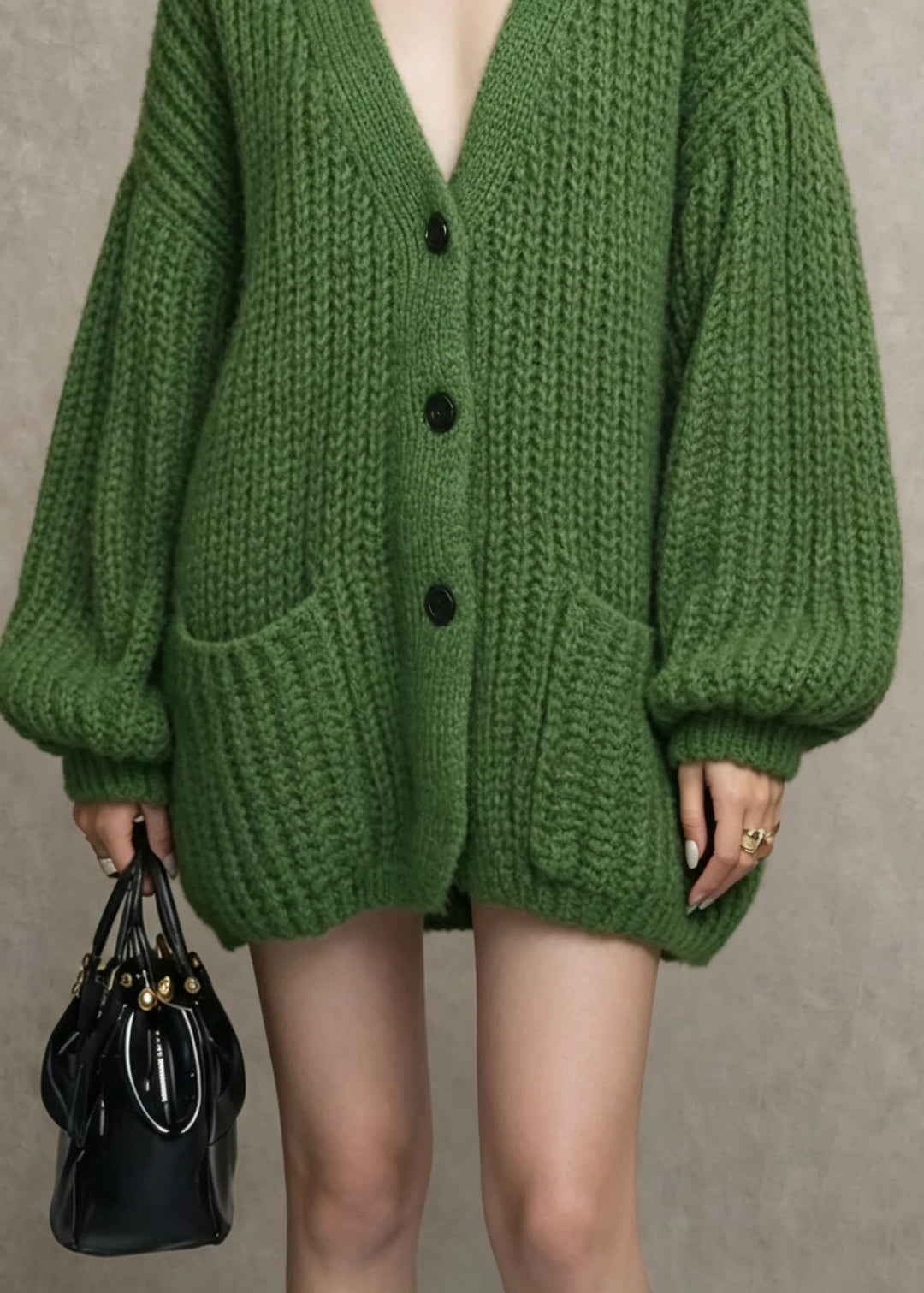 Women Green V Neck Pockets Button Knit Cardigans Fall