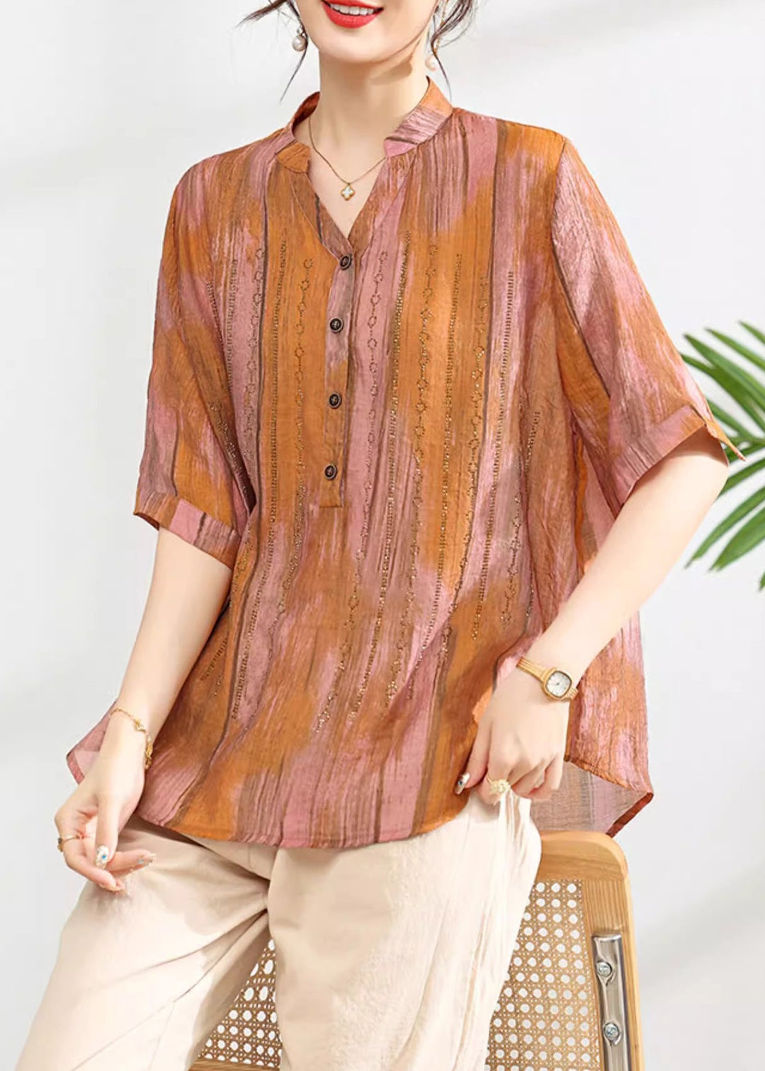 Women Green V Neck Print Button Cotton Shirt Summer