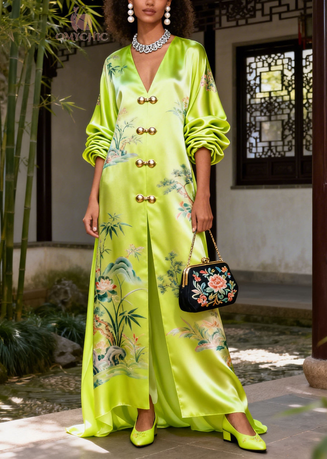 Women Green V Neck Print Silk Vacation Dresses Summer