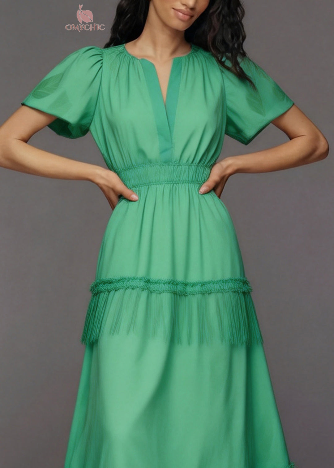 Women Green V Neck Tassel Patchwork Cotton Maxi Dresses Summer