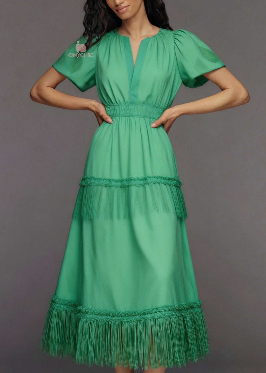 Women Green V Neck Tassel Patchwork Cotton Maxi Dresses Summer