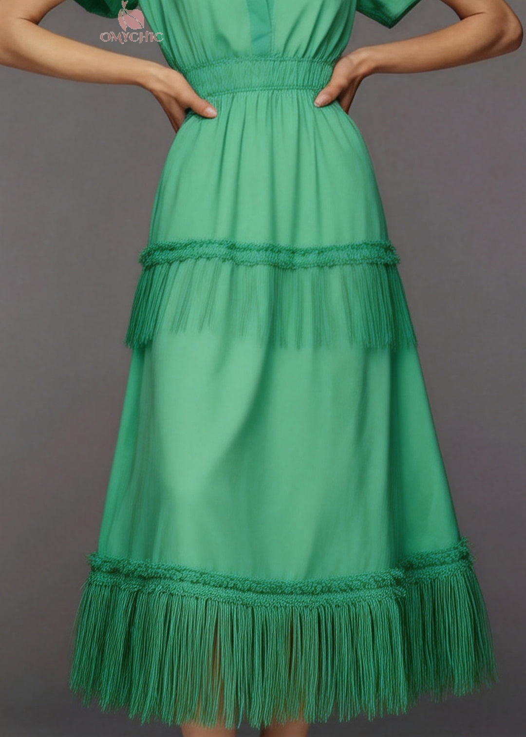 Women Green V Neck Tassel Patchwork Cotton Maxi Dresses Summer