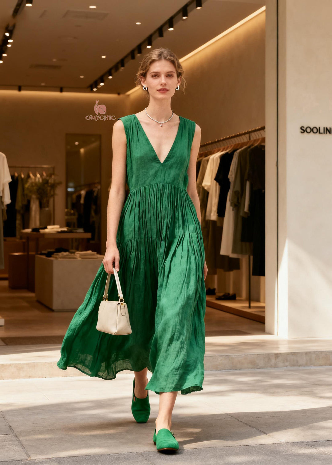 Women Green V Neck Wrinkled Patchwork Cotton Long Dresses Sleeveless