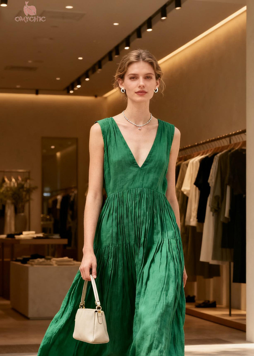 Women Green V Neck Wrinkled Patchwork Cotton Long Dresses Sleeveless