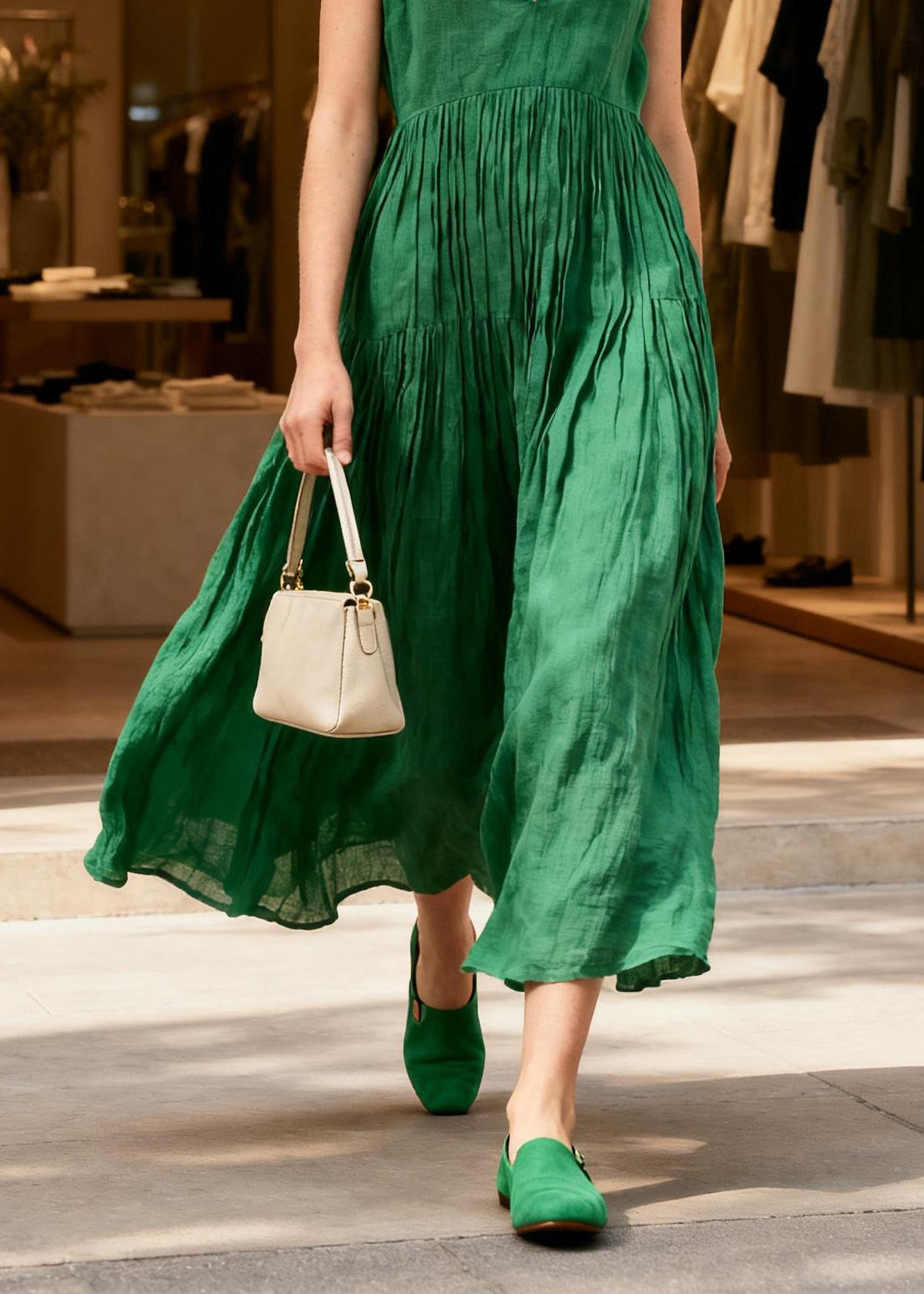 Women Green V Neck Wrinkled Patchwork Cotton Long Dresses Sleeveless