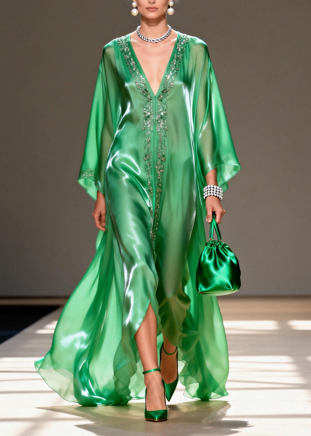Women Green V Neck Zircon Chiffon Long Dresses Summer