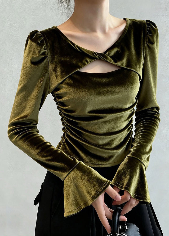 Women Green Wrinkled Hollow Out Silk Velour T Shirt Flare Sleeve